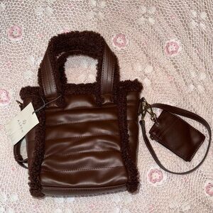 Aspen NWT Brown Sherpa Mini Crossbody Tote Bag + Wallet